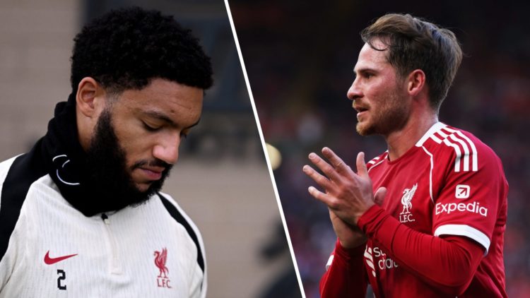 Joe Gomez pictured walking out ahead of a Liverpool training session. Alexis Mac Allister applauds fans during Liverpool's pre-season friendly agai...