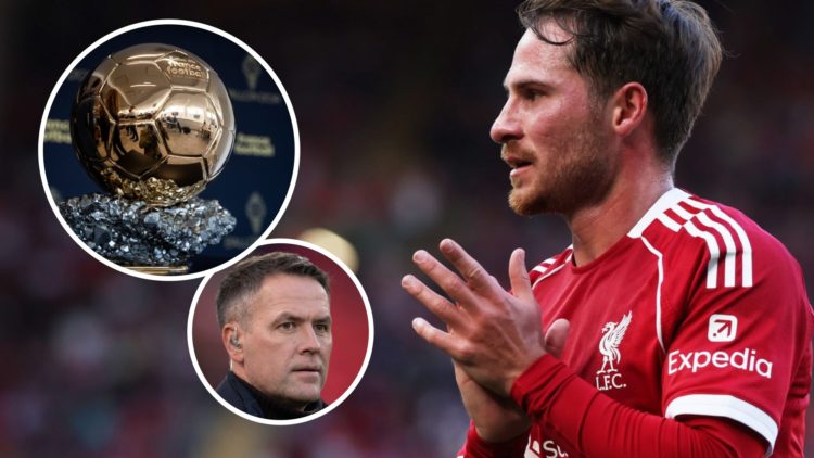 Alexis Mac Allister applauds during Liverpool's pre-season friendly against Athletic Bilbao at Anfield. Michael Owen on punditry duty during Liverp...