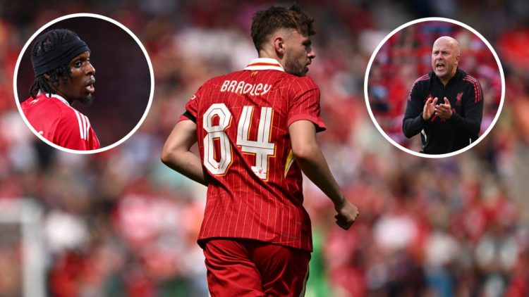 Conor Bradley of Liverpool looks on during the pre-season friendly match between Preston North End and Liverpool at Deepdale (Centre) Jeremie Frimp...