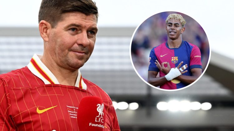 Steven Gerrard speaks to LFCTV after the 2025 Liverpool legends game at Anfield. Lamine Yamal celebrates after scoring for Barcelona against Villar...