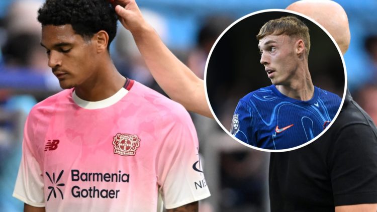 Jarell Quansah gets a pat on the head from Erik ten Hag after Bayer Leverkusen's friendly against VfL Bochum. Cole Palmer look on while playing for...