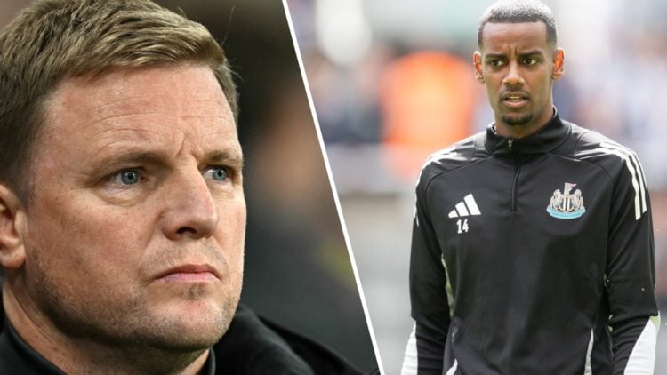 Eddie Howe looks on during Newcastle United's Premier League match against Liverpool at St James' Park. Alexander Isak warms up ahead of Newcastle ...