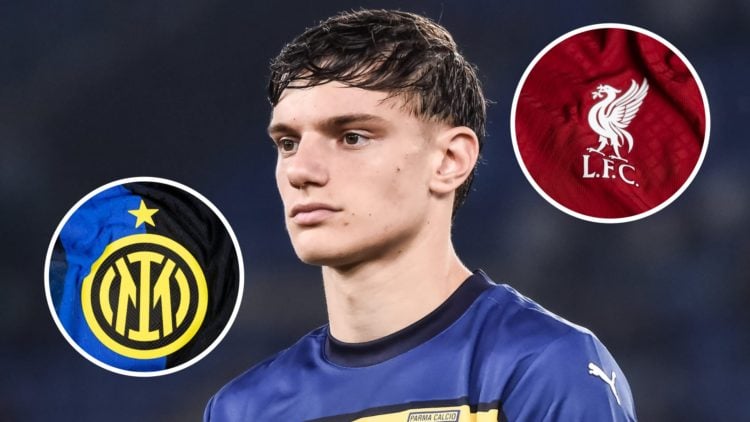 Giovanni Leoni in action during Parma's Serie A match against Lazio at Stadio Olimpico. Close-up of Liverpool badge as seen on the 2022/23 home shi...