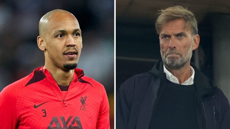 Fabinho warms up ahead of Liverpool's UEFA Champions League match against Real Madrid at Anfield. Jurgen Klopp watches on during the DFB Cup semi-f...