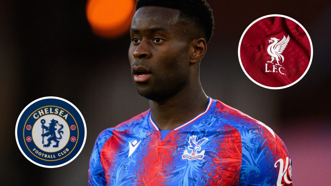 Marc Guehi in action for Crystal Palace against Nottingham Forest in the Premier League at Selhurst Park. Close-up of Chelsea badge on the Chelsea ...