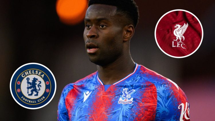 Marc Guehi in action for Crystal Palace against Nottingham Forest in the Premier League at Selhurst Park. Close-up of Chelsea badge on the Chelsea ...
