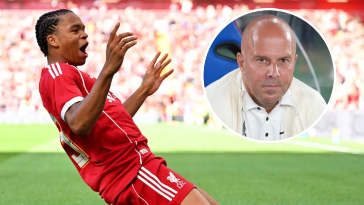 Rio Ngumoha slides on his knees as he celebrates scoring against Athletic Bilbao during the pre-season match at Anfield. Arne Slot looks on from th...