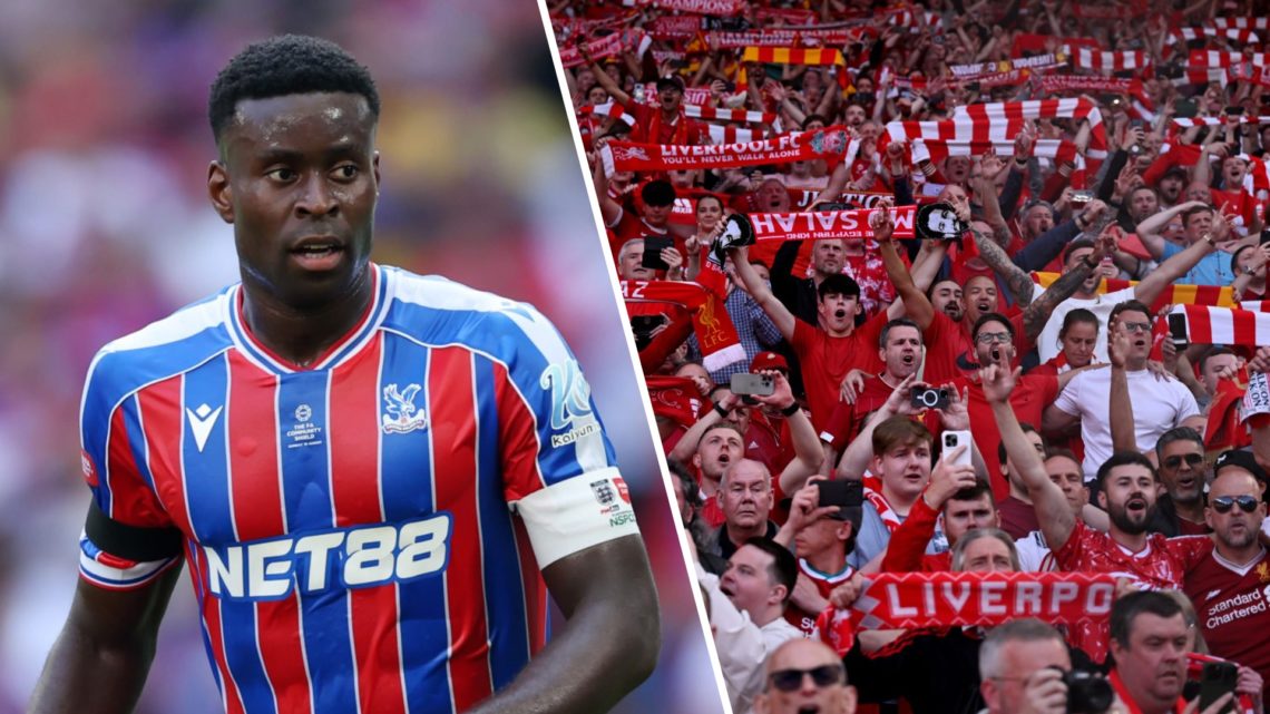 Marc Guehi in action for Crystal Palace in the Community Shield against Liverpool at Wembley Stadium. Liverpool fans hold scarves aloft at Anfield ...