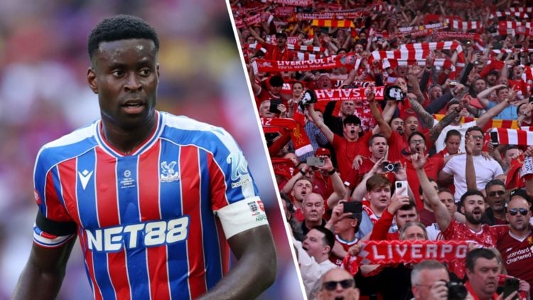 Marc Guehi in action for Crystal Palace in the Community Shield against Liverpool at Wembley Stadium. Liverpool fans hold scarves aloft at Anfield ...