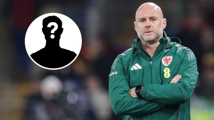 Rob Page seen on the touchline during Wales' UEFA European Championship play-off match against Poland. Mystery player silhouette with question mark.