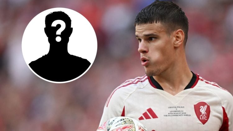 Milos Kerkez prepares to take a throw-in for Liverpool during the Community Shield match against Crystal Palace at Wembley Stadium. Mystery player ...