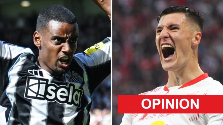 Alexander Isak gestures to the crowd at St James' Park during Newcastle United's Premier League match against Everton. Benjamin Sesko celebrates sc...