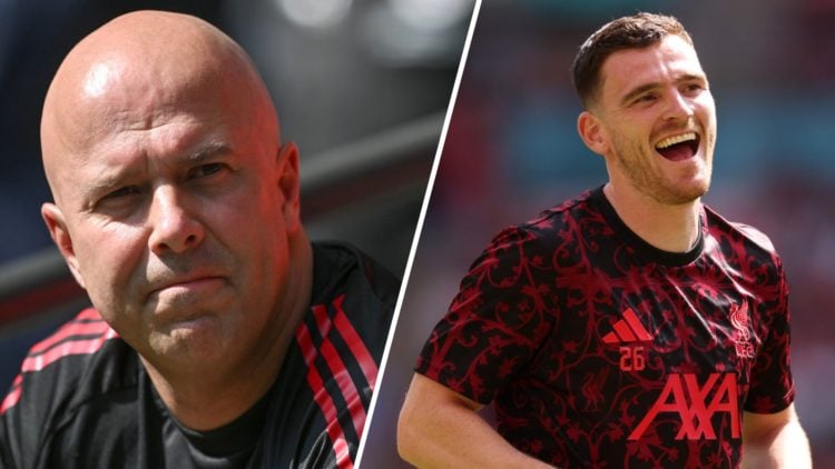 Arne Slot looks on ahead of Liverpool's Community Shield match against Crystal Palace at Wembley Stadium. Andy Robertson laughs during the warm-up ...