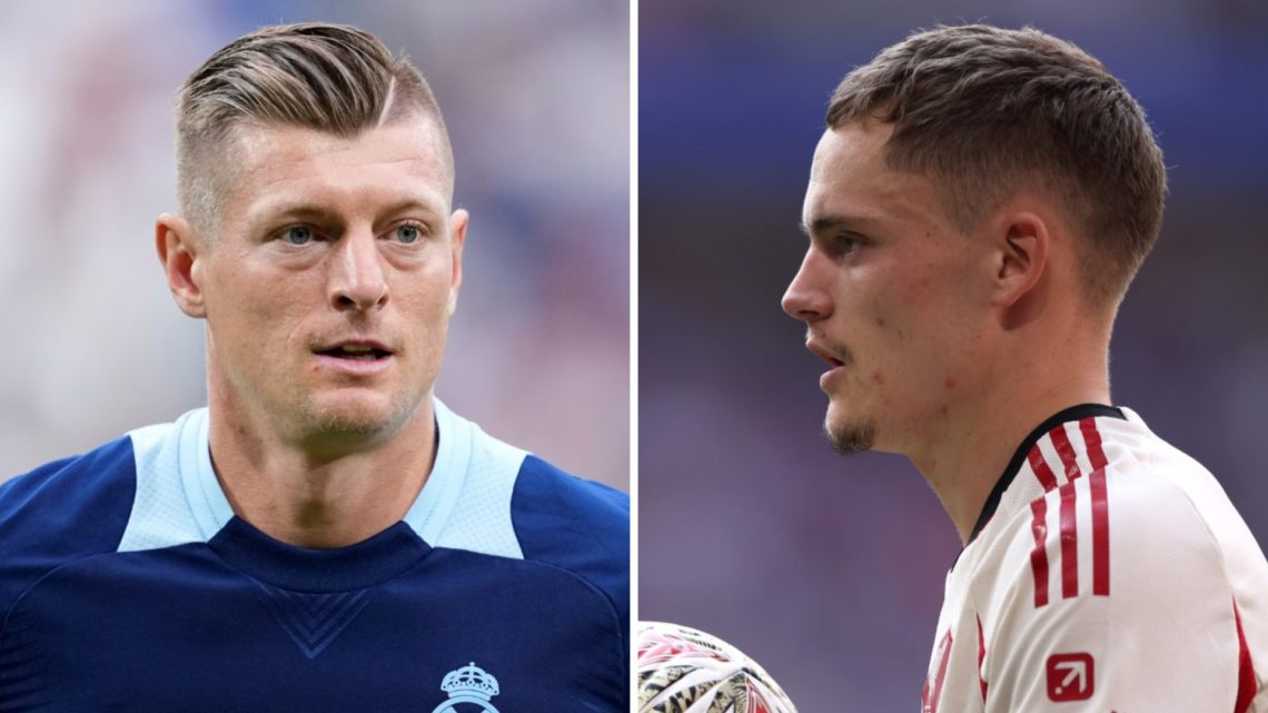 Toni Kroos playing for Real Madrid legends against Borussia Dortmund legends at the Santiago Bernabeu. Florian Wirtz holds the ball during Liverpoo...