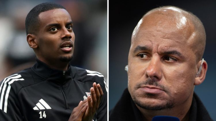 Left: Alexander Isak warming up for Newcastle ahead of their Premier League bout. Right: Gabby Agbonlahor presenting a Premier League game.