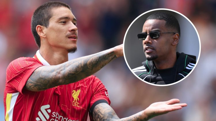 Darwin Nunez celebrates after scoring for Liverpool in the pre-season friendly against Preston North End at Deepdale. Alexander Isak seen in sungla...