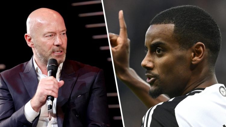 Left: Alan Shearer being inducted into the Premier League hall of fame. Right: Alexander Isak celebrating a goal he scored for Newcastle.