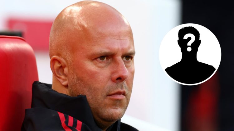 Main: Arne Slot on the Liverpool bench during one of their games. Insert: Mystery player.