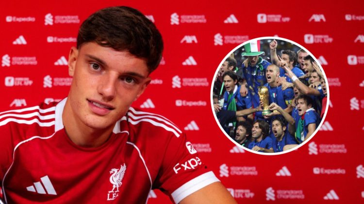 Giovanni Leoni poses after signing his contract as a new Liverpool player. Italian players converge as they celebrate winning the 2006 World Cup in...
