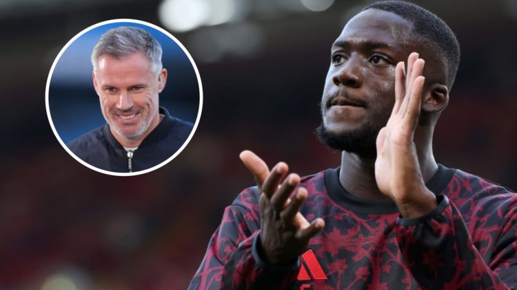 Ibrahima Konate applauds fans ahead of Liverpool's pre-season friendly against Athletic Bilbao at Anfield. Jamie Carragher pictured during punditry...