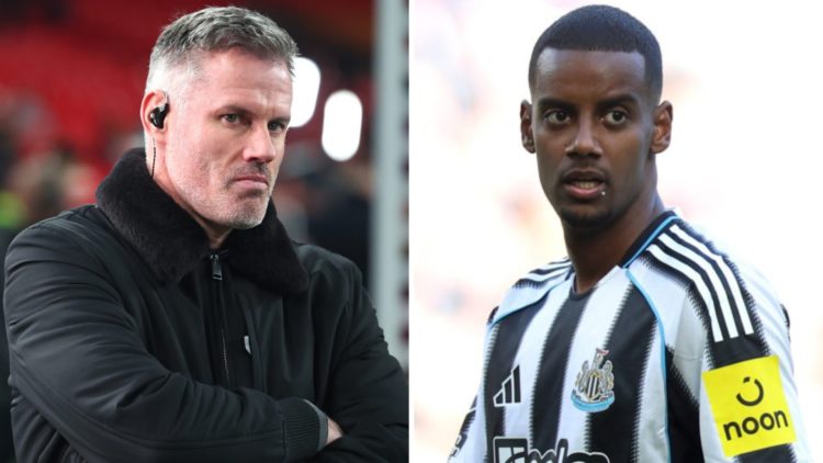 Jamie Carragher looks on at the end of the Carabao Cup Final between Liverpool and Newcastle United at Wembley Stadium. Alexander Isak of Newcastle...