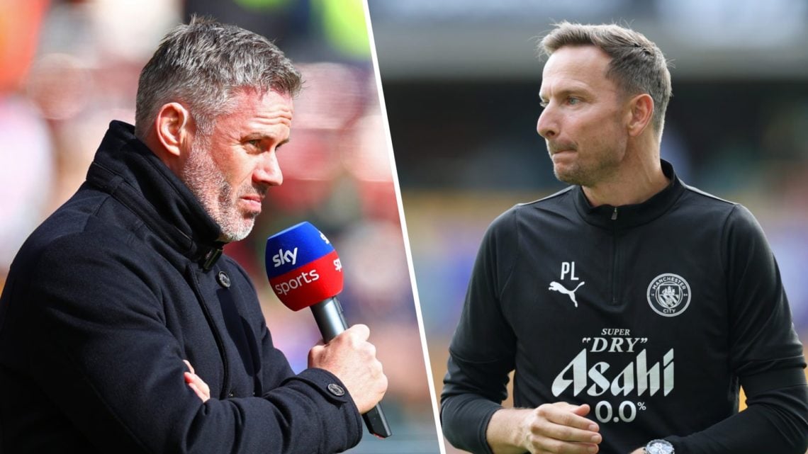 Left: Jamie Carragher presenting for Sky Sports. Right: Manchester City coach Pep Lijnders on the touchline.