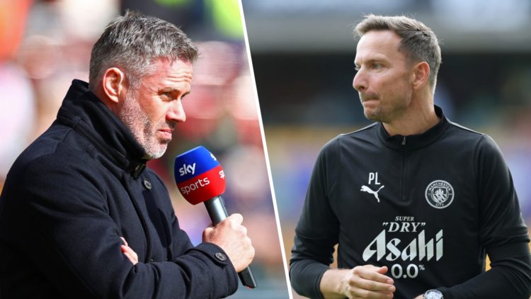 Left: Jamie Carragher presenting for Sky Sports. Right: Manchester City coach Pep Lijnders on the touchline.