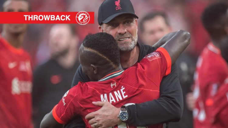 manager Jurgen Klopp and Sadio Mane of Liverpool celebrate during The FA Cup Final match between Chelsea and Liverpool at Wembley Stadium