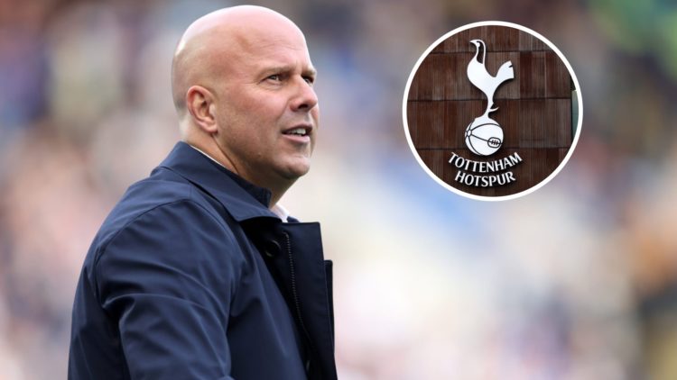 Arne Slot on the Liverpool touchline during their game against Leicester. Detailed view of the Tottenham Hotspur club badge outside the stadium ahe...