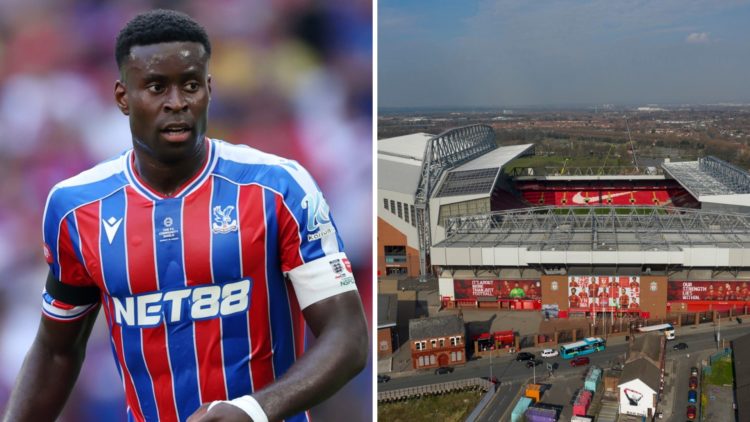 Marc Guehi in action for Crystal Palace during the 2025 Community Shield against Liverpool at Wembley Stadium. Aerial view of Liverpool FC stadium ...