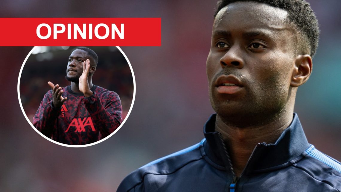 Marc Guehi looks on ahead of the 2025 Community Shield between Crystal Palace and Liverpool at Wembley Stadium. Ibrahima Konate applauds fans befor...