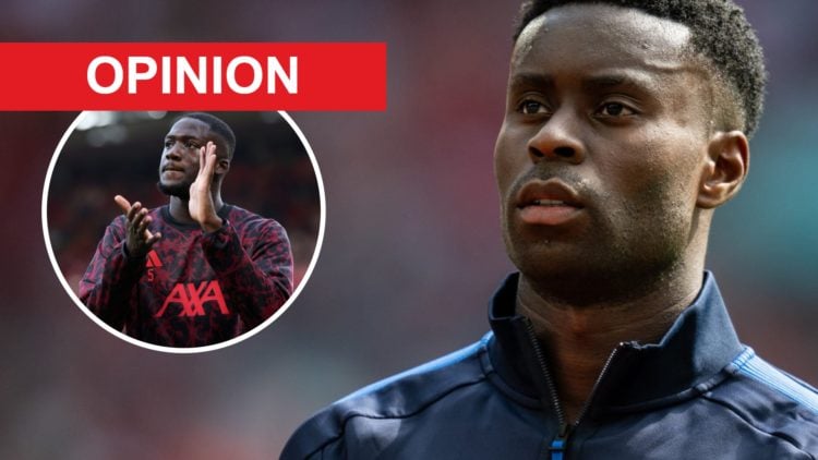 Marc Guehi looks on ahead of the 2025 Community Shield between Crystal Palace and Liverpool at Wembley Stadium. Ibrahima Konate applauds fans befor...
