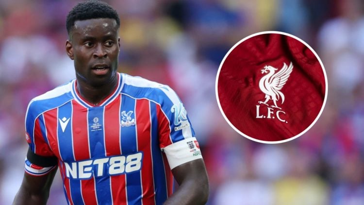 Marc Guehi in action for Crystal Palace during the Community Shield against Liverpool at Wembley Stadium. Close-up of Liverpool badge as seen on th...