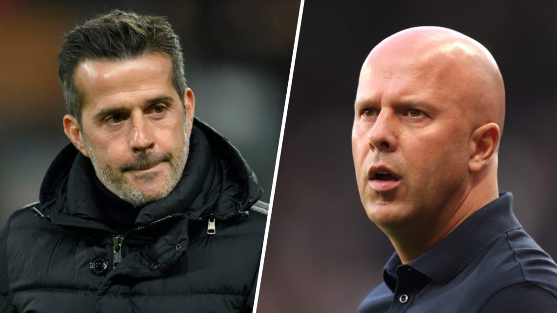 Left: Fulham manager Marco Silva on the touchline during a Premier League game. Right: Arne Slot looking confused on the Liverpool touchline.