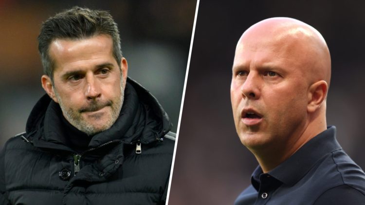 Left: Fulham manager Marco Silva on the touchline during a Premier League game. Right: Arne Slot looking confused on the Liverpool touchline.
