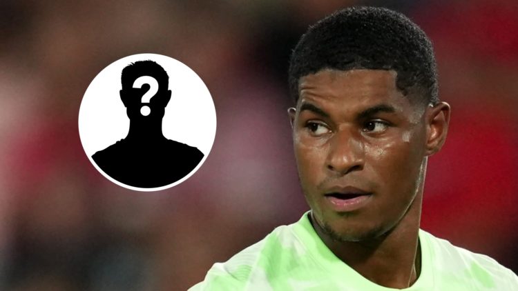 Main: Marcus Rashford playing for Barcelona in a La Liga game against Mallorca. Insert: Mystery player.