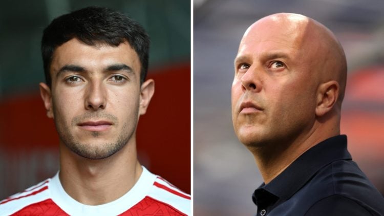 Martin Zubimendi poses after being unveiled as a new Arsenal signing. Arne Slot pictured on the touchline at St James' Park ahead of Liverpool's Pr...