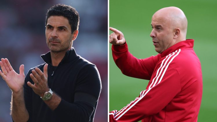 Mikel Arteta applauds supporters after Arsenal's Premier League match against Manchester United at Old Trafford. Arne Slot pictured pitchside ahead...