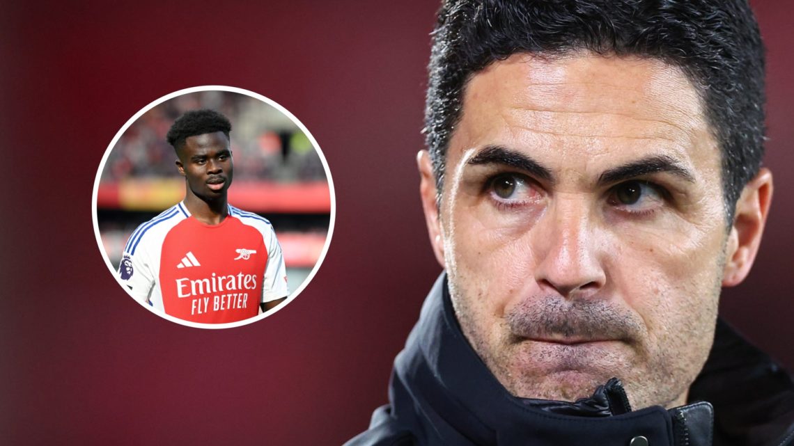 Mikel Arteta looks on ahead of Arsenal's Premier League match against Nottingham Forest at City Ground. Bukayo Saka in action for Arsenal during th...