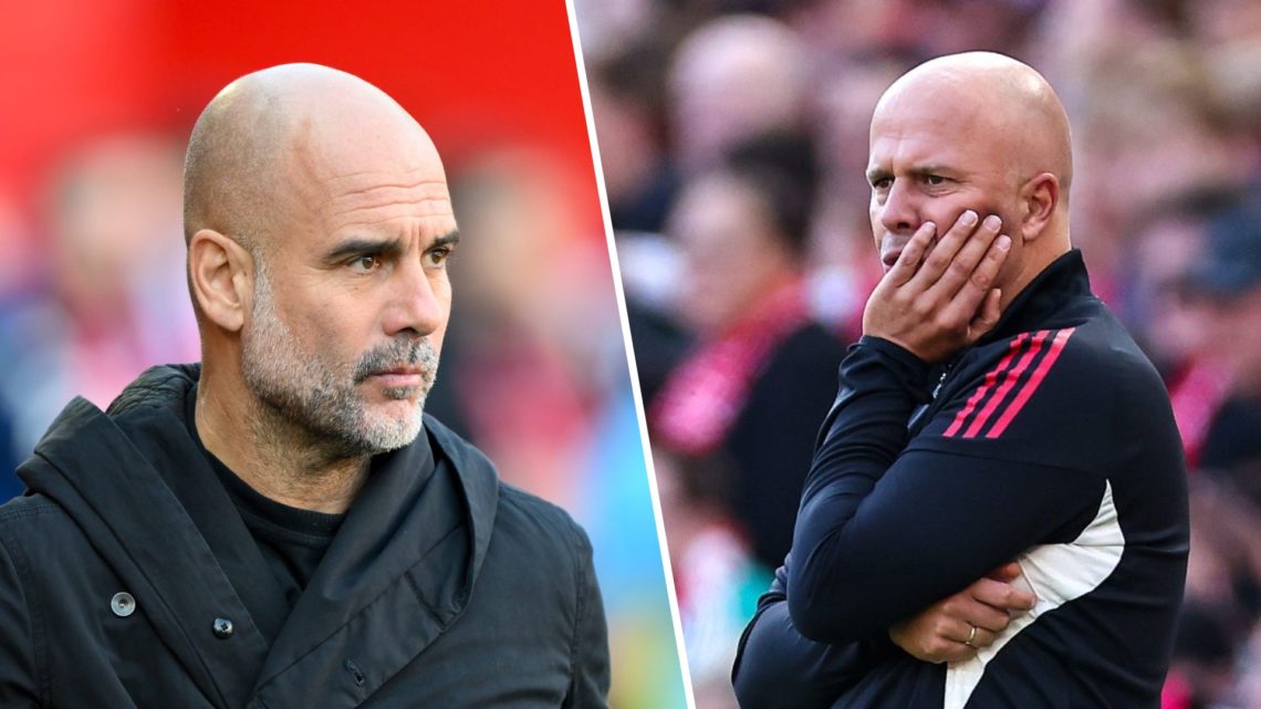 Left: Pep Guardiola on the Manchester City touchline. Right: Arne Slot looking stressed on the Liverpool touchline.