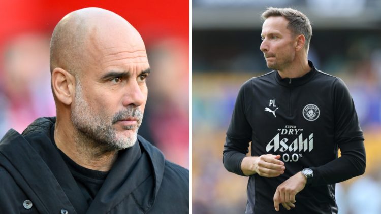 Pep Guardiola watches on during Manchester City's Premier League game against Nottingham Forest at City Ground. Manchester City assistant coach Pep...