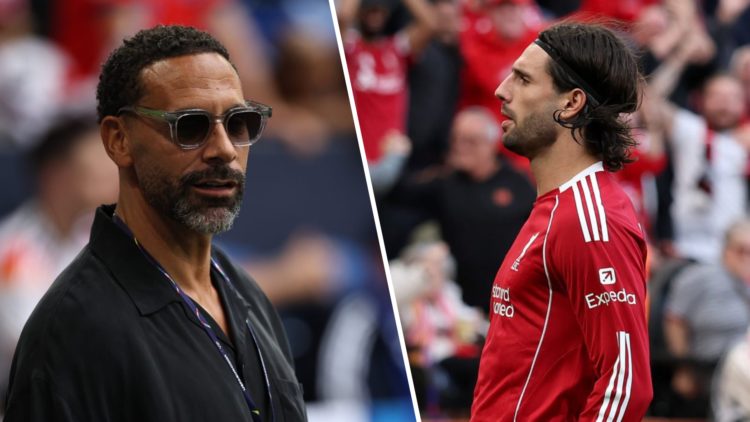 Left: Rio Ferdinand pictured on his presenting duties for a Premier League game. Right: Dominik Szoboszlai pictured celebrating his goal for Liverp...