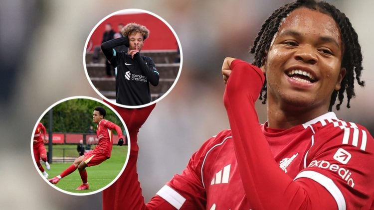 Rio Ngumoha celebrates after scoring for Liverpool against Newcastle in the Premier League at St James' Park. Trent Kone-Doherty celebrates a goal ...