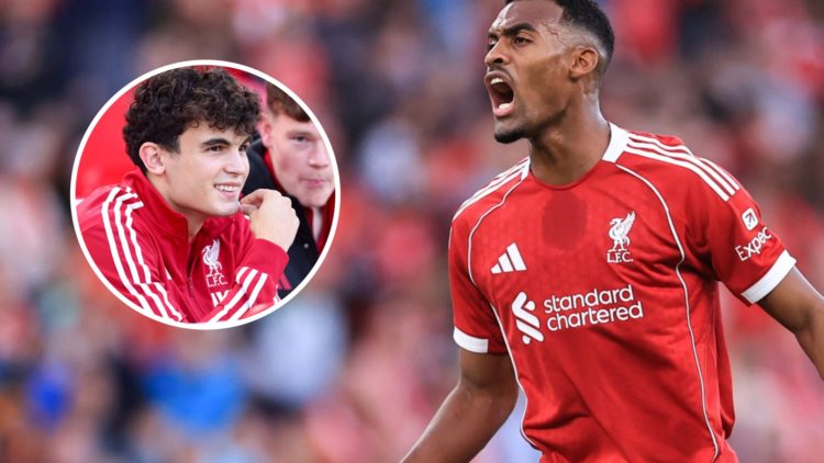Ryan Gravenberch shouts during Liverpool's pre-season friendly against Athletic Bilbao at Anfield. Stefan Bajcetic watches on during Liverpool's pr...
