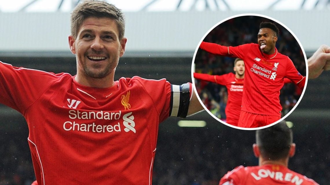 Steven Gerrard celebrates after scoring for Liverpool in the Premier League against Queens Park Rangers at Anfield. Daniel Sturridge dances in cele...