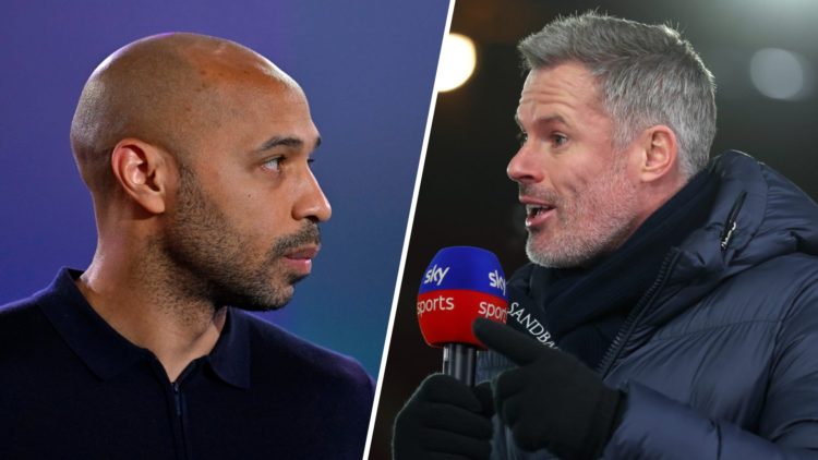 Left: Thierry Henry pictured during his punditry duties for Sky Sports. Right: Jamie Carragher looking excited during his punditry duties for Sky S...