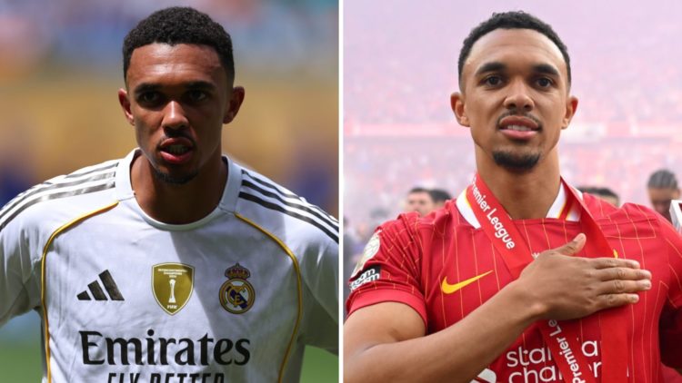 Trent Alexander-Arnold in action for Real Madrid during the FIFA Club World Cup match against Al Hilal. Liverpool's Trent Alexander-Arnold poses wi...
