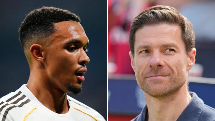 Trent Alexander-Arnold in action for Real Madid during their La Liga match against Osasuna. Bayer Leverkusen head coach Xabi Alonso looks on during...
