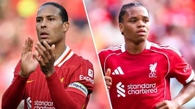 Virgil van Dijk of Liverpool acknowledges the fans after the Premier League match between Liverpool FC and Arsenal FC at Anfield. Rio Ngumoha in ac...