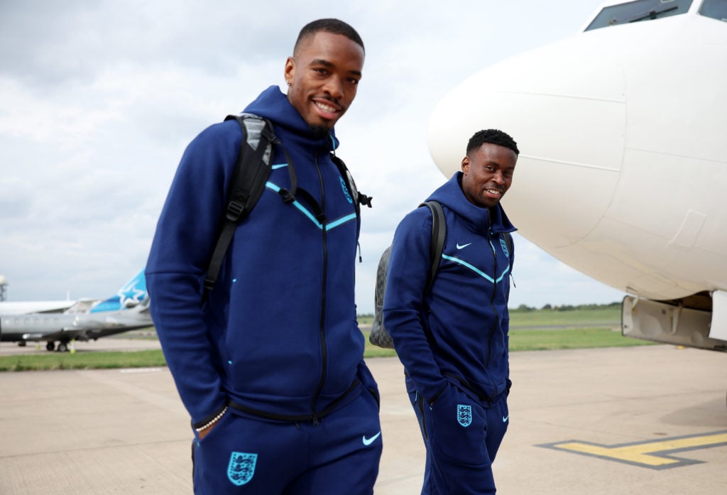 Ivan Toney and Marc Guehi of England arrive at Birmingham airport